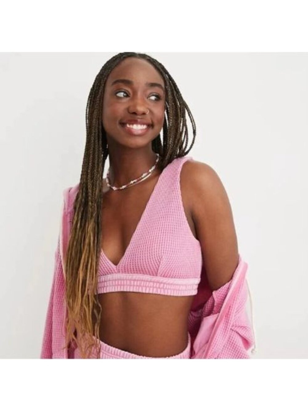 Aerie Pink Waffle Knit Triangle Bralette Top
